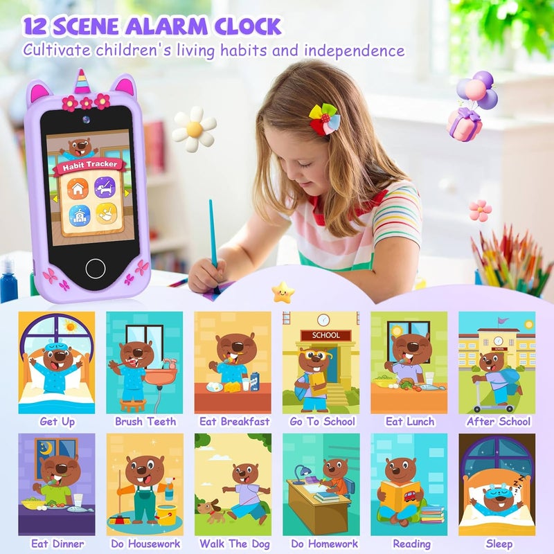 Yosfeng Kids Smart Phone for Girls Gifts - Toddler Christmas Birthday Gift for Age 3 4 5 6 Year Old, Kids Cell Phone Toy with Touchscreen, Dual Cameras, Learning, Kid Mp3 Player, Games with 32 GB Card - Image 3